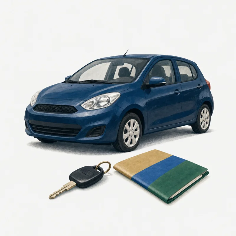 Illustration of a car, keys and vehicle documents.
