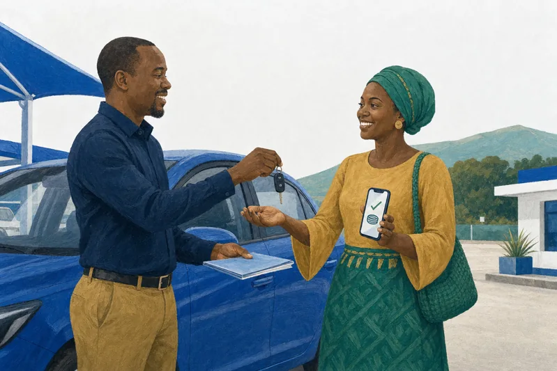 Illustration of a vehicle handover, with the buyer holding a phone beside a car.