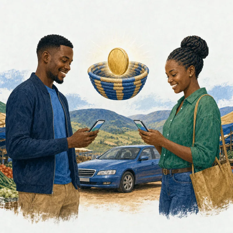 Illustration of two people checking their phones beside a car, with a woven basket representing protected value.